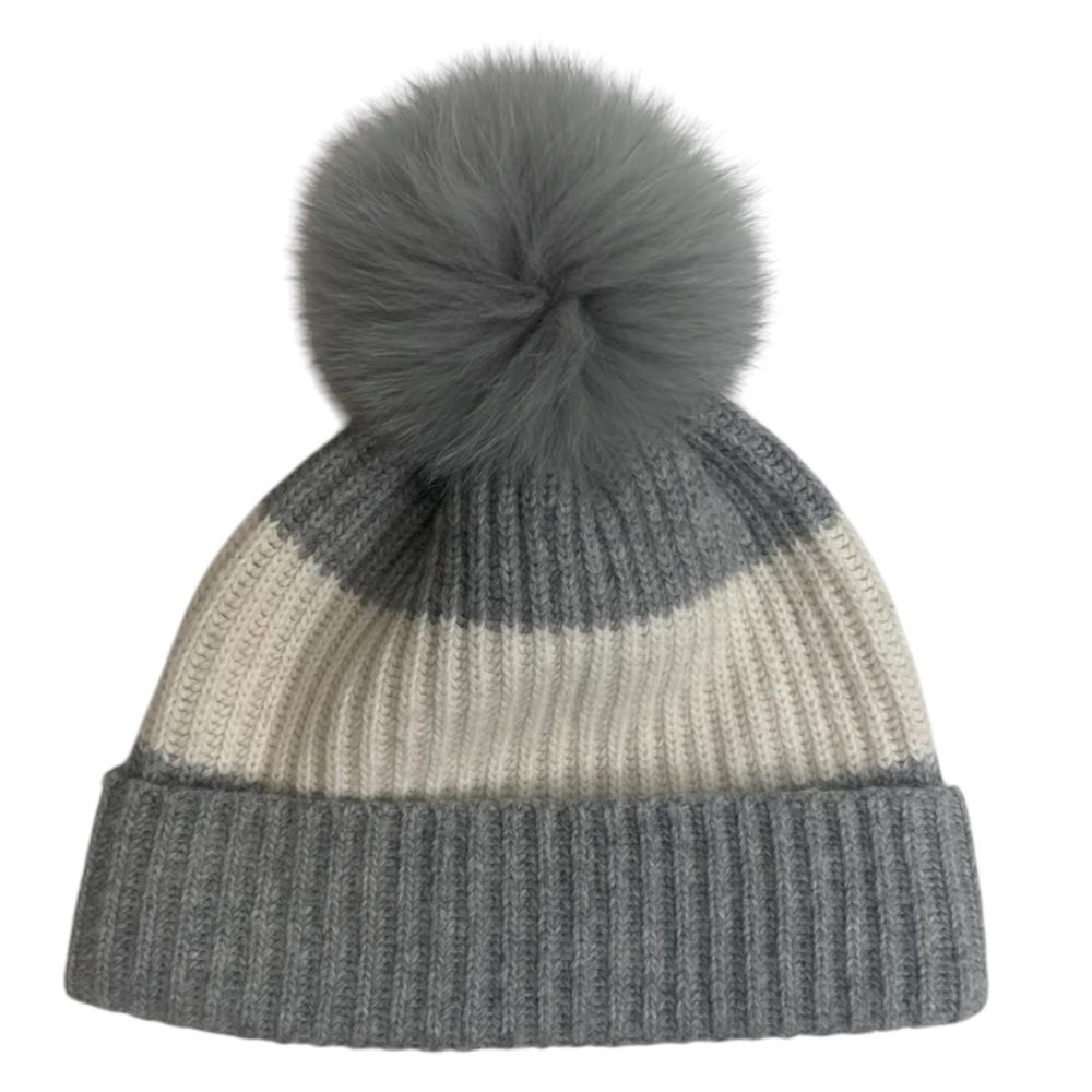 Hudson’s Bay Company HBC Stripes Fox Fur Pom Pom Knit Hat